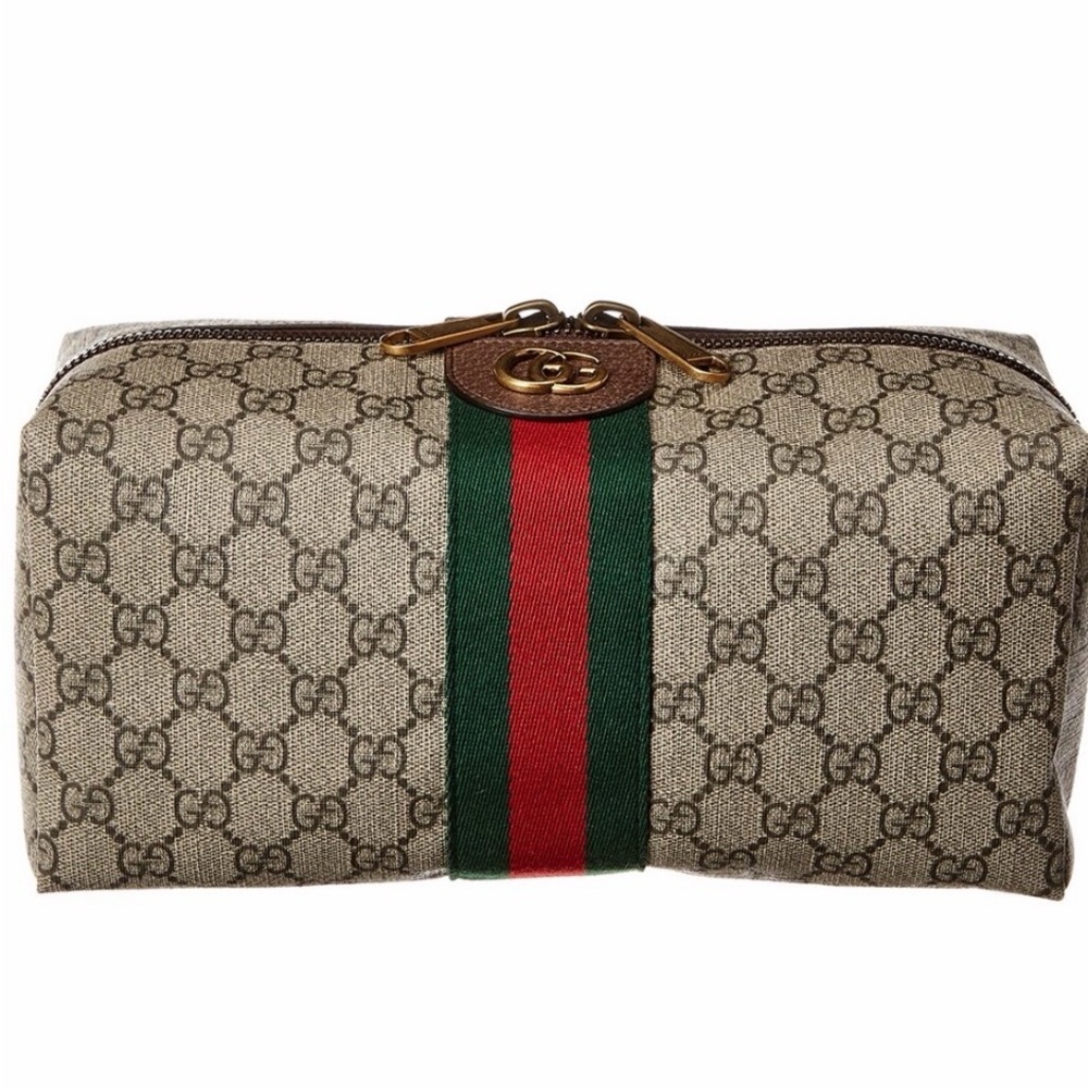 Gucci Beige Canvas Cosmetic Bag with Gold and Red Accents Brand new never used✨